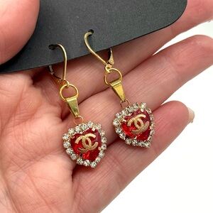 Upcycled Chanel Charms Earrings - Red Heart Crystal - Authentic, Stamped - Gold